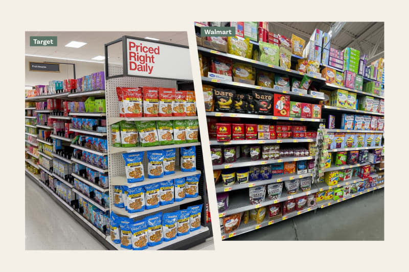 Comparison of snack aisles of Target vs Walmart