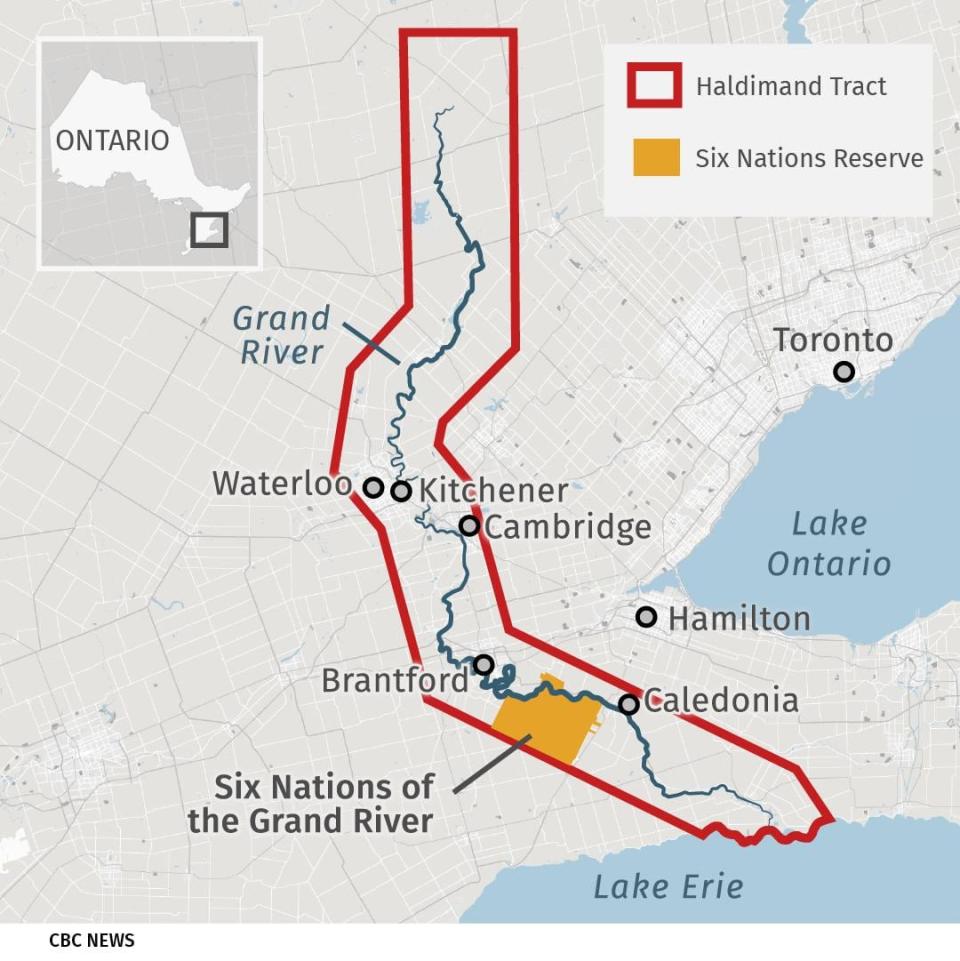 The Haldimand Tract was granted to Six Nations of the Grand River in 1784 for allying with the British during the American Revolution. The land ran roughly 10 km on each side of the Grand River. Six Nations, which has the largest population of any reserve in the country, now has less than five per cent of its original land base.