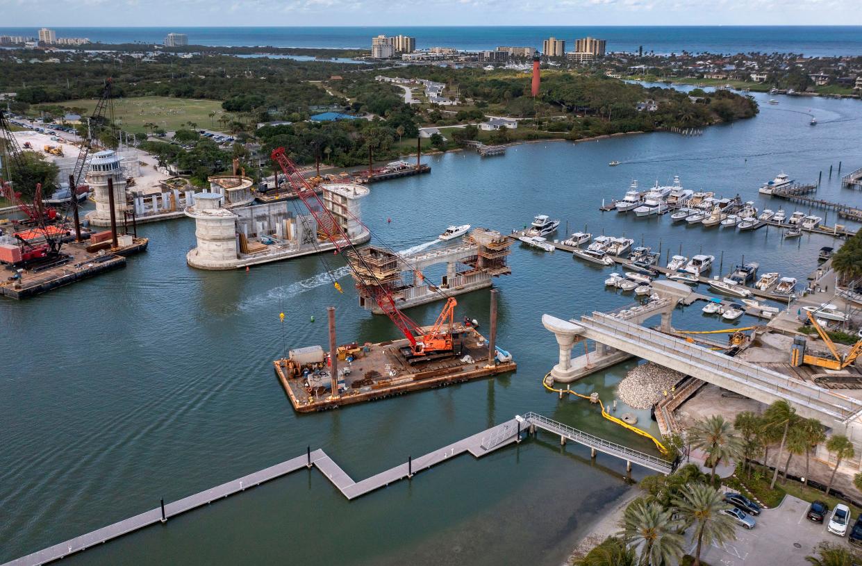 Progress is being made on construction of the new $122 million U.S. 1 bridge over the Loxahatchee River and Intracoastal Waterway on March 26, 2024 in Jupiter, Florida. The entire project is scheduled to be completed in Spring 2026, but whole bridge will open for drivers in Spring 2025.