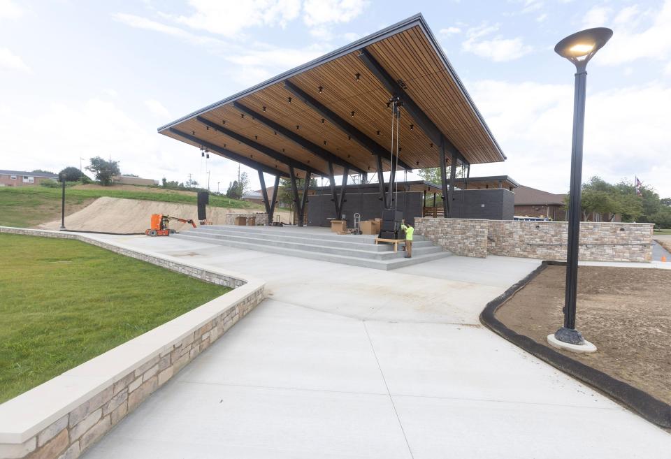 The new Plain Township's amphitheater's 40-by-80 stage is covered by a wooden overhang. It does not come with mass seating.