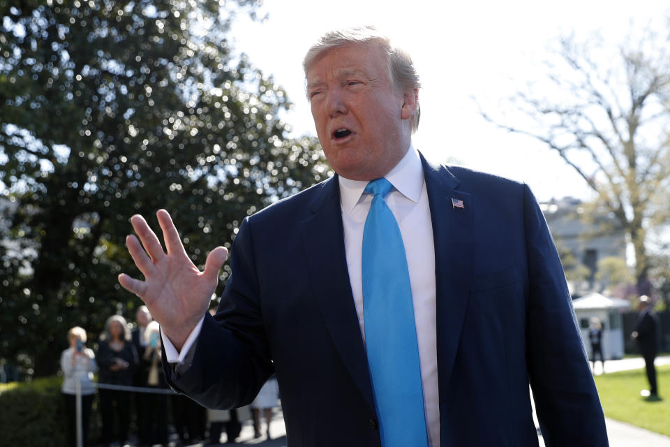 President Donald Trump speaks to members of the media on the South Lawn of the White House in Washington, before boarding Marine One helicopter, Wednesday, April 10, 2019. (AP Photo/Pablo Martinez Monsivais)