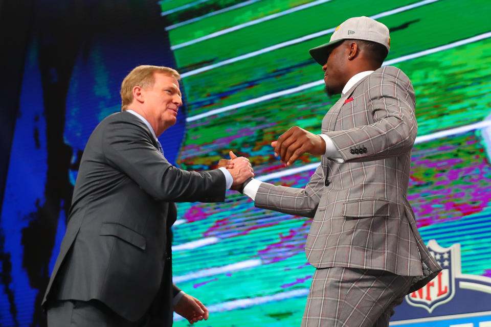 Joshua Jackson hugs NFL commissioner Roger Goodell after being chosen by the Green Bay Packers in the 2018 NFL draft at AT&T Stadium in Arlington, Texas. (Photo by Rich Graessle/Icon Sportswire via Getty Images)