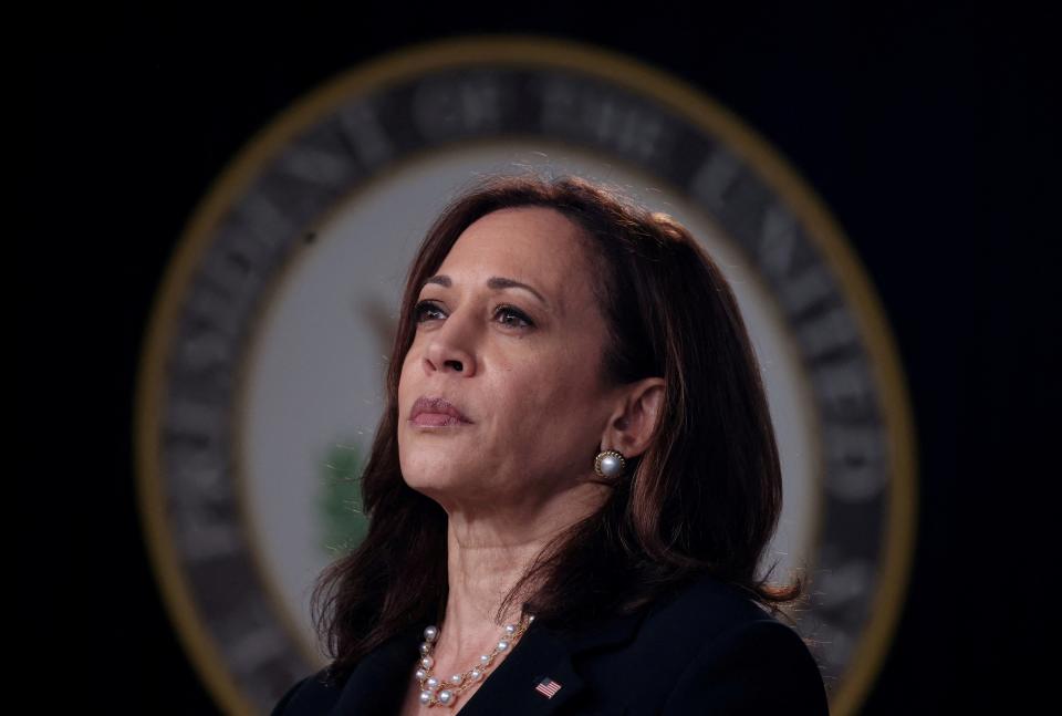 FILE PHOTO: FILE PHOTO: U.S. Vice President Kamala Harris attends an infrastructure event addressing high speed internet in the Eisenhower Executive Office Building's South Court Auditorium at the White House in Washington, U.S., June 3, 2021. REUTERS/Evelyn Hockstein  TPX IMAGES OF THE DAY/File Photo/File Photo