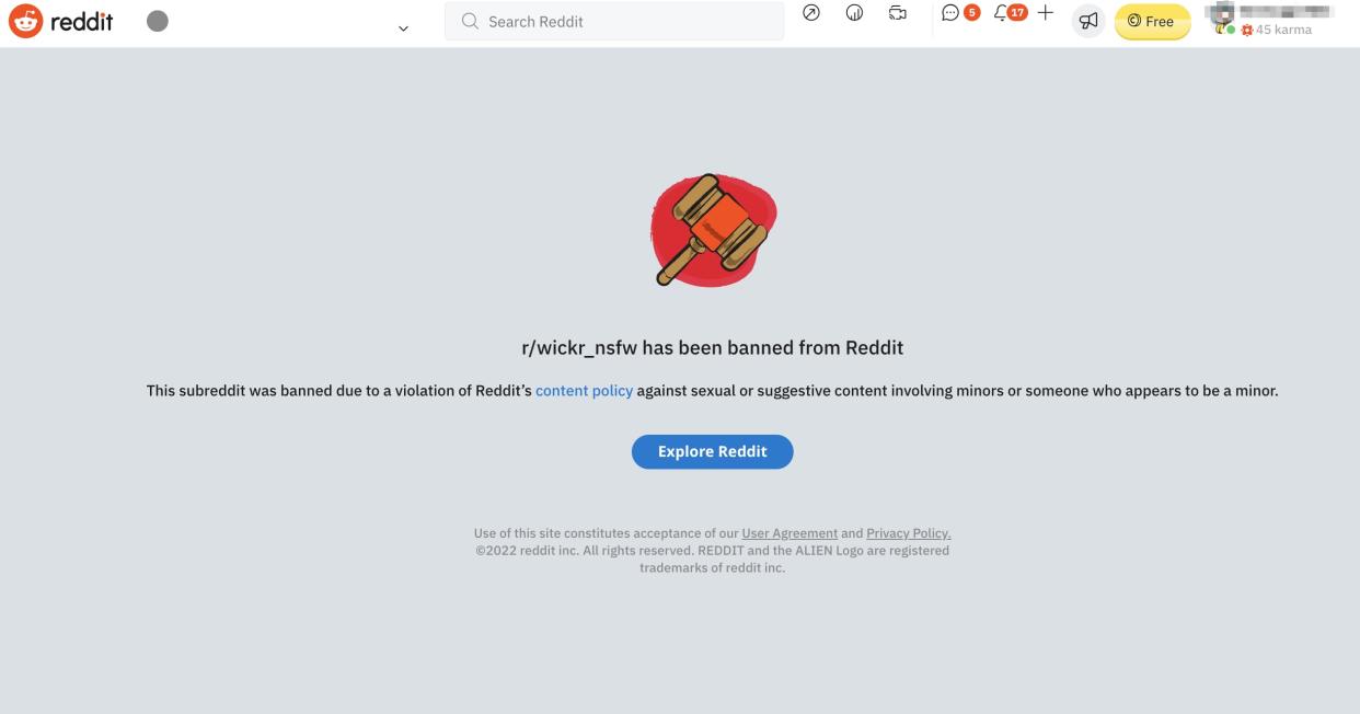 A screenshot of a banned Reddit page called 