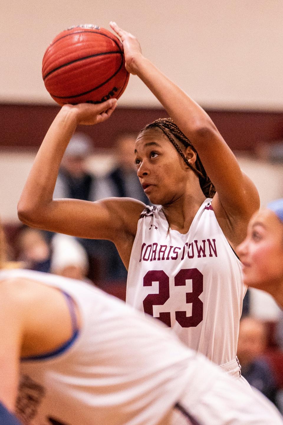 Morristown hosts Jefferson in a girls high school basketball game on Saturday, Dec. 17, 2022. Morrsitown's Maya Summerville (#23) with the ball.