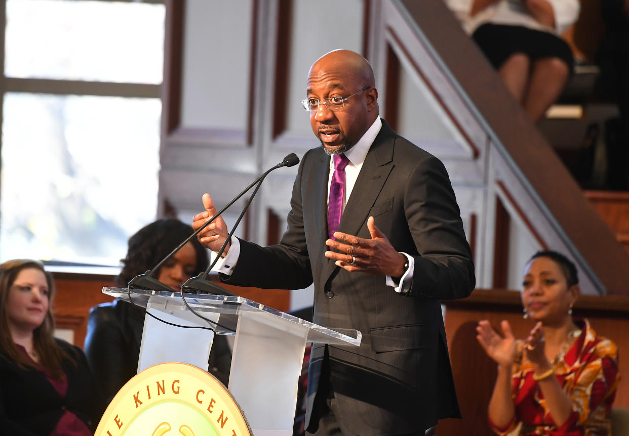 Rev. Raphael G. Warnock, Senior Pastor of Ebenezer Baptist Church speaks onstage during 2019 Martin Luther King, Jr. Annual Commemorative Service. (Photo by Paras Griffin/Getty Images)