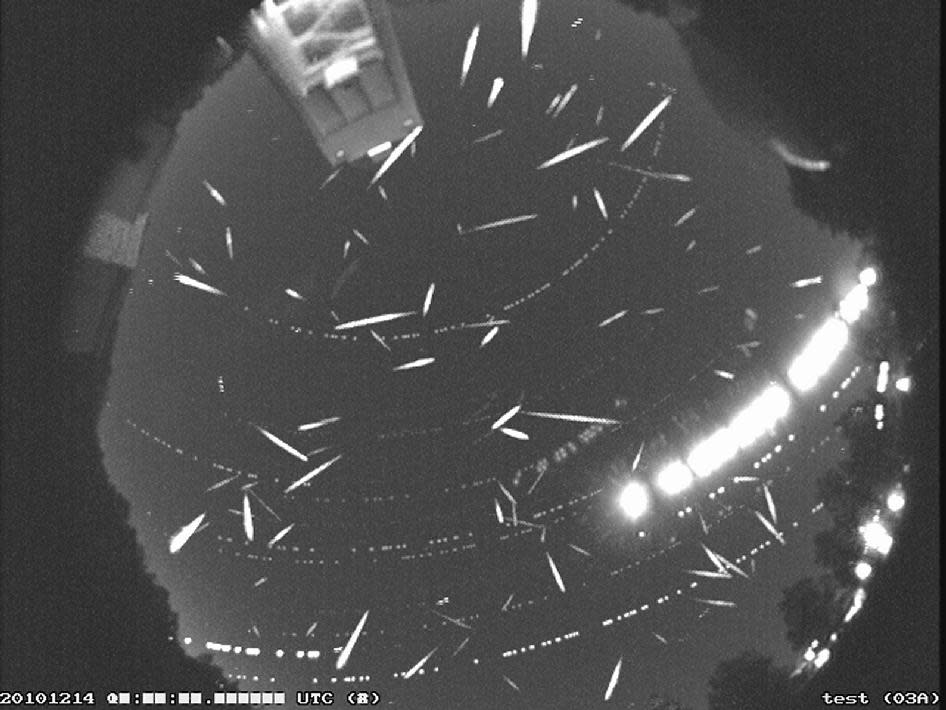 Over 100 meteors are recorded in this composite image taken during the peak of the Geminid meteor shower, Dec 13 -14, using an all-sky camera operated by the Meteoroid Environment Office at NASA's Marshall Space Flight Center in Huntsville, Ala. A fish-eye view of the surrounding nighttime landscape at the Automated Lunar and Meteor Observatory can also be seen. <a href="http://www.nasa.gov/topics/solarsystem/features/watchtheskies/geminids2010.html" rel="nofollow noopener" target="_blank" data-ylk="slk:(NASA/MSFC/Danielle Moser, NASA's Meteoroid Environment Office);elm:context_link;itc:0;sec:content-canvas" class="link ">(NASA/MSFC/Danielle Moser, NASA's Meteoroid Environment Office)</a>