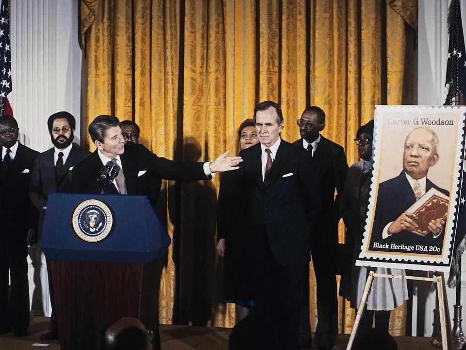 President Ronald Reagan delivers remarks at a White House Ceremony marking the observance of National Black History Month