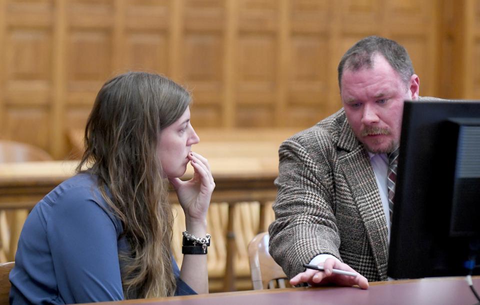 Lindsey Abbuhl, with defense attorney Paul Kelley  pleads to a bill of information on felony endangering children and felony theft during an appearance in the Stark County Courtroom of Judge Chryssa Hartnett.  Thursday,  November 17, 2022.