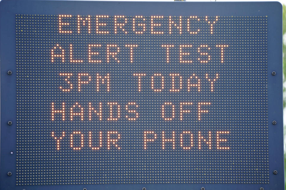 An electronic road sign in Bath, warns motorists of the impending emergency national alert system warning. Picture date: Sunday April 23, 2023. (Photo by Ben Birchall/PA Images via Getty Images)