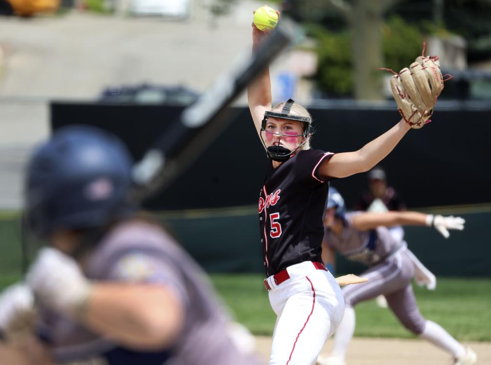 Spanish Fork’s Avery Sapp pitches against Bonneville in the 5A semifinal game at the Cottonwood Complex in Murray on Wednesday, May 24, 2023. | Laura Seitz, Deseret News