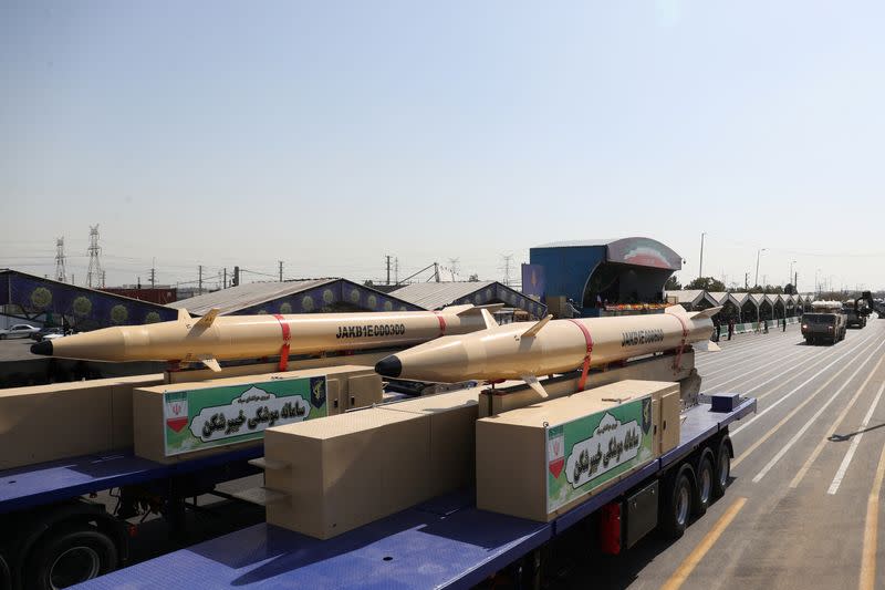 Iranian missiles are seen during the annual military parade in Tehran