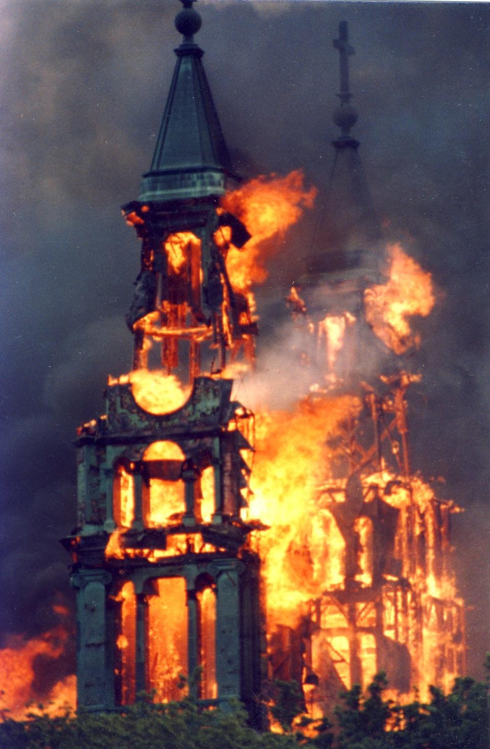 An image from the day that Notre Dame de Lourdes Church burned down, in Fall River, on May 11, 1982.