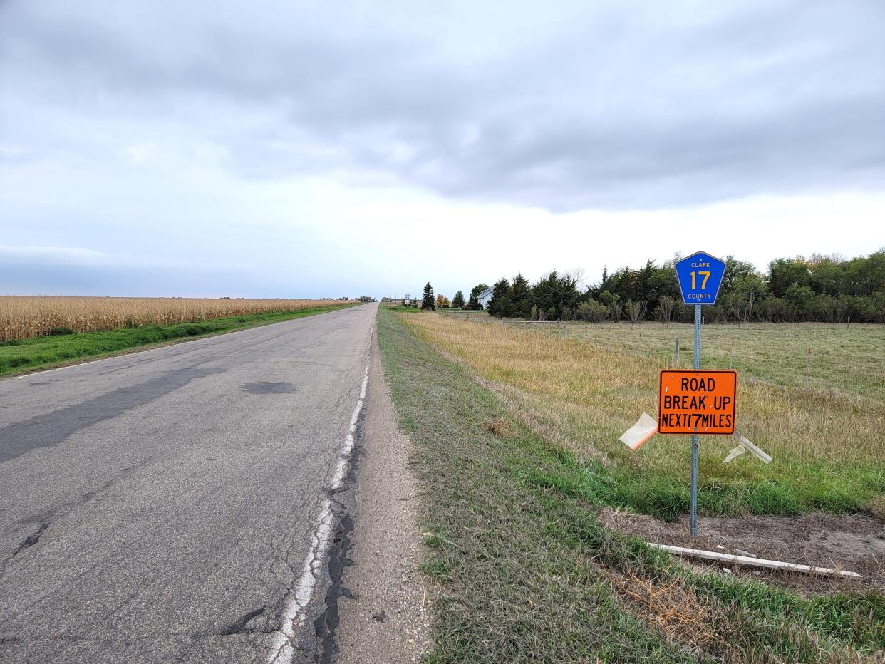 This file photo shows a sign warning travelers of road deterioration. The Codington County Highway Superintendent told commissioners Tuesday that melting frost under roads is causing soft spots that heavy trucks damage.