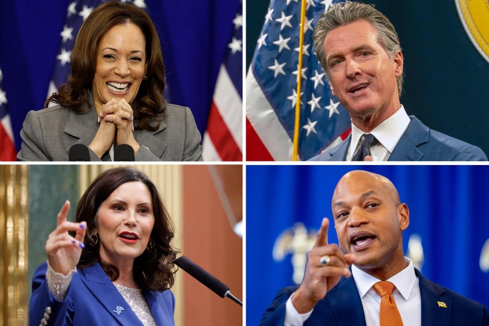 Clockwise from top left: Vice President Kamala Harris, California Governor Gavin Newsom, Maryland Governor Wes Moore and Michigan Governor Gretchen Whitmer, all possible candidates for a hypothetical ‘blitz primary’ (AP/Getty)