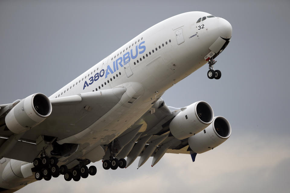 FILE - In this June 18, 2015 filephoto, an Airbus A380 takes off for its demonstration flight at the Paris Air Show, in Le Bourget airport, north of Paris. The World Trade Organization says the United States can impose tariffs on up to $7.5 billion worth of goods from the European Union as retaliation for illegal subsidies to European plane-maker Airbus — a record award from the trade body. (AP Photo/Francois Mori, File)