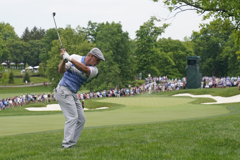 Bryson DeChambeau hits to the 13th green during the second round of the Memorial golf tournament, Friday, June 4, 2021, in Dublin, Ohio. (AP Photo/Darron Cummings)