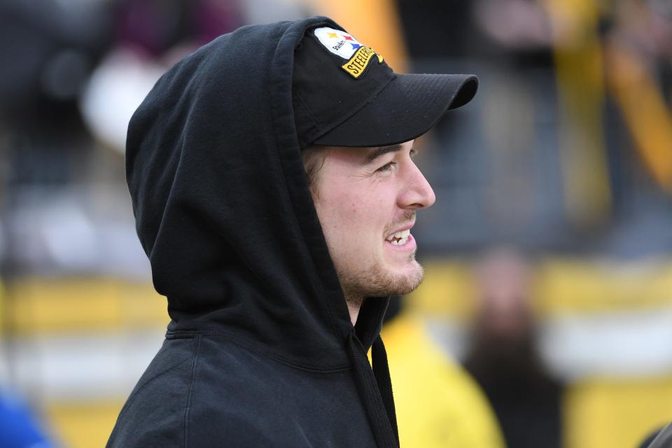 Dec 23, 2023; Pittsburgh, Pennsylvania, USA; Pittsburgh Steelers quarterback Kenny Pickett (8) watches from the sidelines before a game against the Cincinnati Bengals at Acrisure Stadium. Mandatory Credit: Philip G. Pavely-USA TODAY Sports