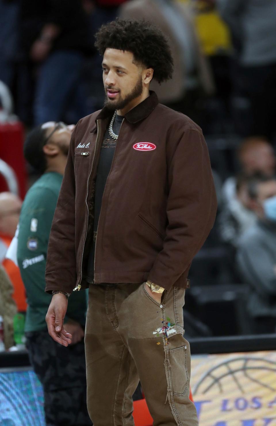 Detroit Pistons guard Cade Cunningham on the bench during action against the Los Angeles Lakers on Sunday, Dec. 11, 2022 at Little Caesars Arena.