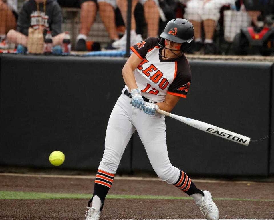 Aledo pitcher Brenlee Gonzales drops one into the outfield during the UIL Conference 5A Region 1 final softball game at Aledo, Texas, Wednesday, May 22, 2024.