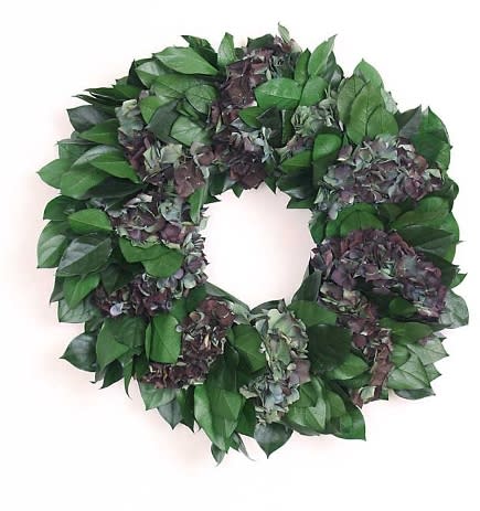 Dried blue hydrangea and salal leaves are such a pretty-earthy combination. Forest and Garden Wreath, $45.40, islandiavillage.com