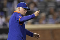 New York Mets manager Buck Showalter signals for a pitching change during the first inning of the team's baseball game against the Chicago Cubs on Wednesday, Sept. 14, 2022, in New York. (AP Photo/Adam Hunger)