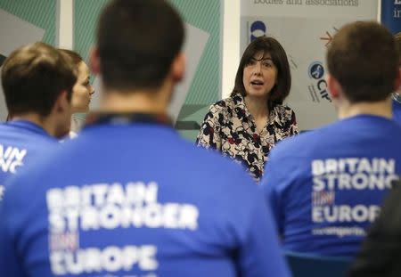 Labour MP Lucy Powell meets students at Manchester Met business school in Manchester, England as part of her stay in Europe campaign on April 15, 2016. REUTERS/Andrew Yates