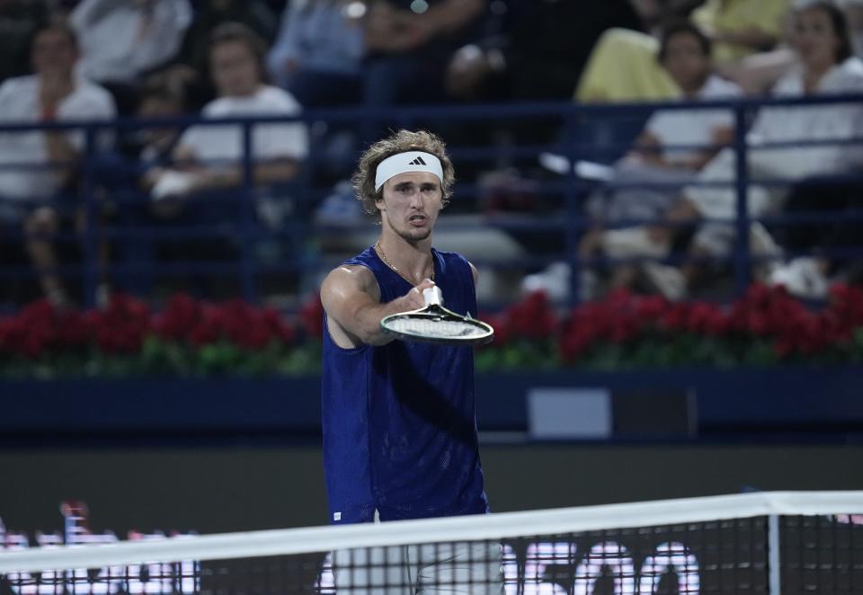 Germany's Alexander Zverev reacts after he lost a point against Andrey Rublev during their semi final match of the Dubai Duty Free Tennis Championships in Dubai, United Arab Emirates, Friday, March 3, 2023. (AP Photo/Kamran Jebreili)