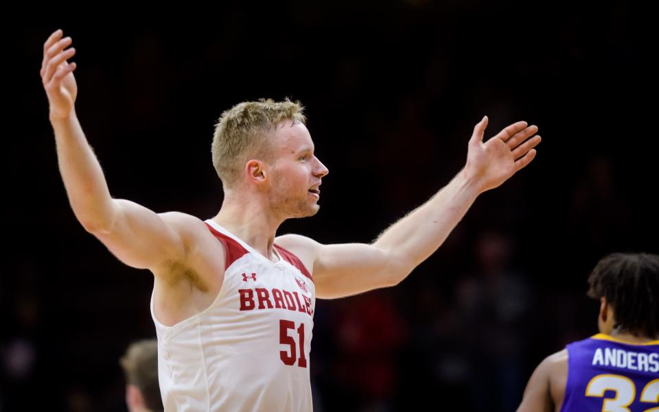 Bradley's Rienk Mast eggs on the crowd as the Braves take a big lead over Northern Iowa in the second half of their Missouri Valley Conference basketball opener Wednesday, Nov. 30, 2022 at Carver Arena. The Braves defeated the Panthers 68-53.