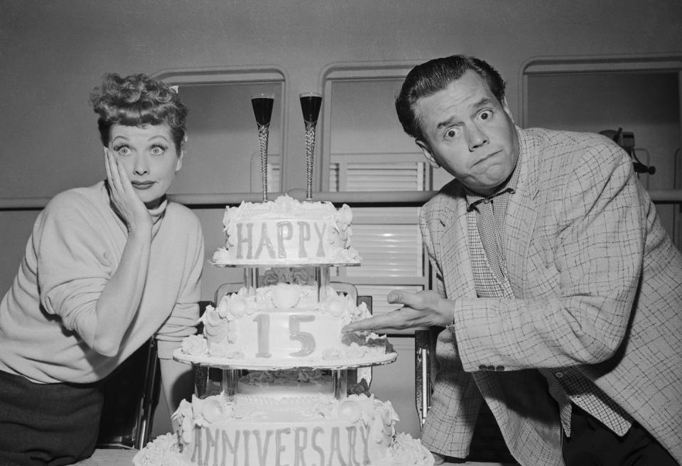 <p>Despite a busy rehearsal schedule for <em>I Love Lucy</em>, Lucille and Desi were surprised by their cast and crew with a cake to celebrate their 15th wedding anniversary.  </p>