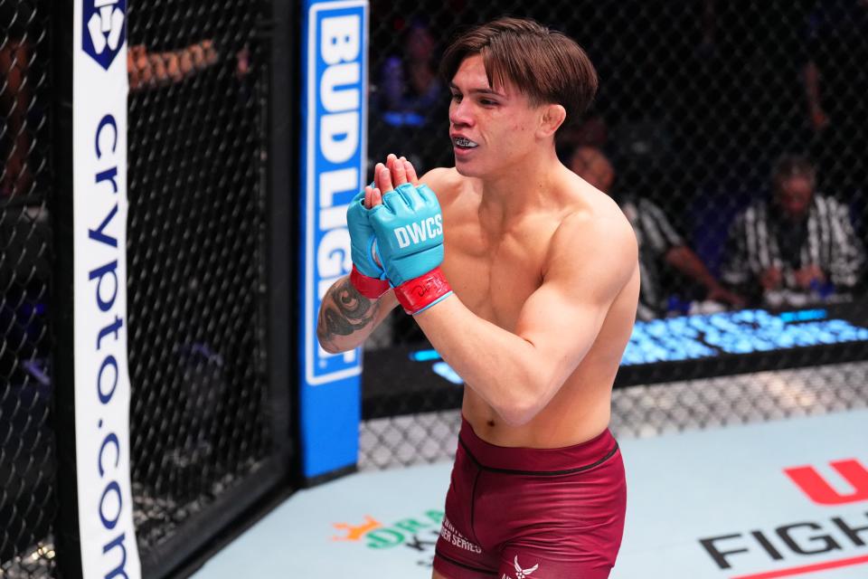 LAS VEGAS, NEVADA - AUGUST 13: Lone'er Kavanagh of England reacts after his knockout victory against An Tuan Ho of Vietnam in a flyweight fight during Dana White's Contender Series season eight, week one on August 13, 2024 in Las Vegas, Nevada. (Photo by Chris Unger/Zuffa LLC)