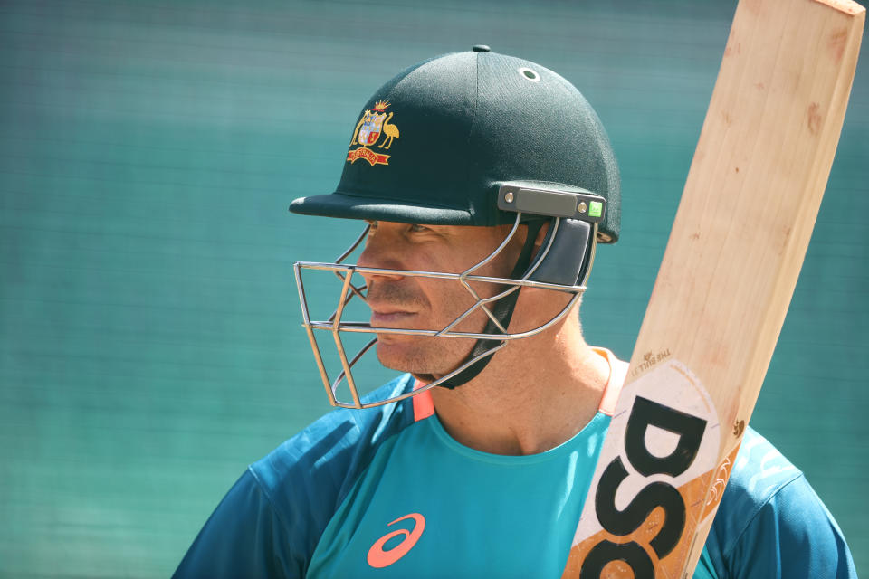 David Warner during a nets session.