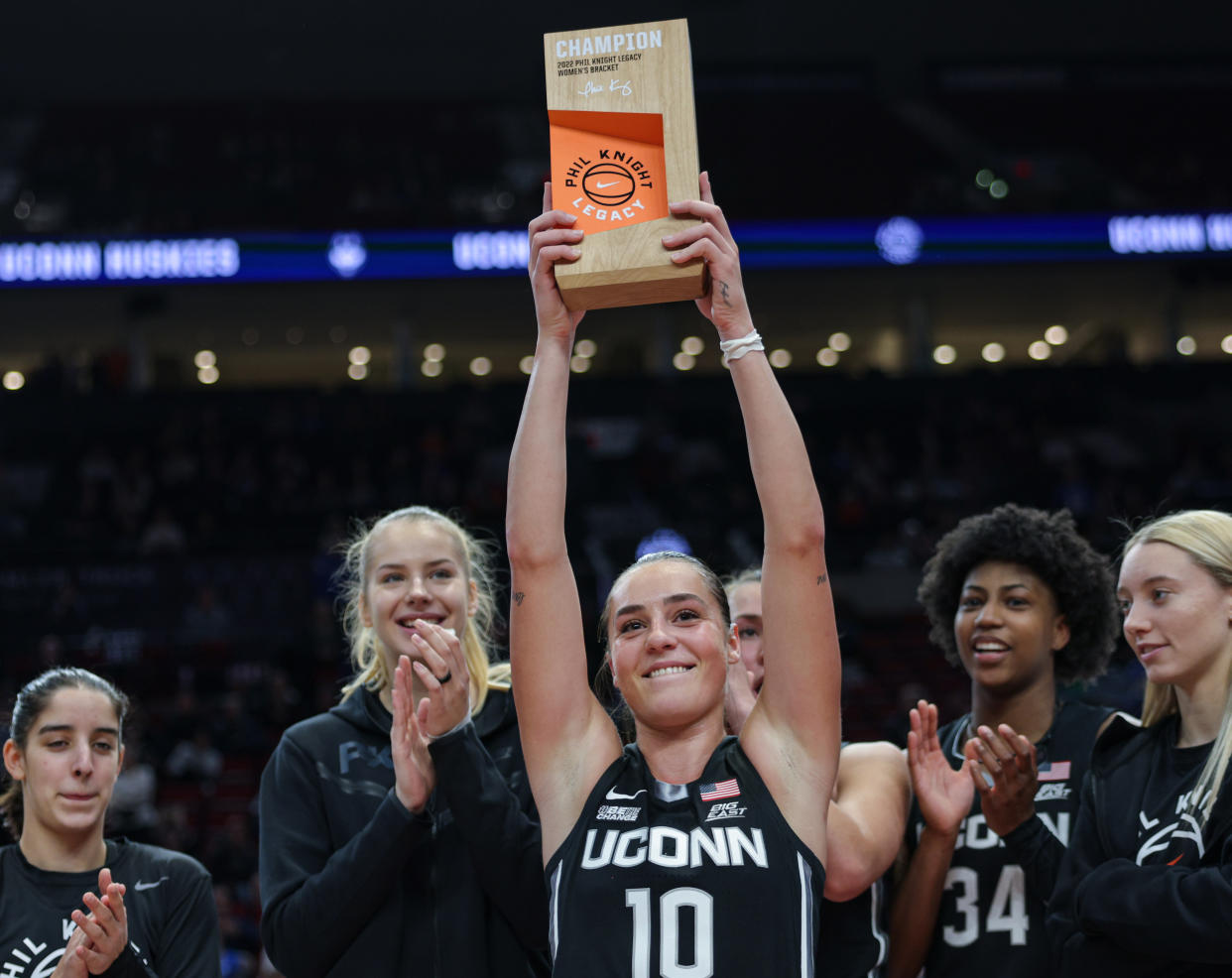 UConn's Nika Muhl celebrates after defeating Iowa in the Phil Knight Legacy tournament championship game at the Moda Center in Portland, Oregon, on Nov. 27, 2022. (Michael Hickey/Getty Images)