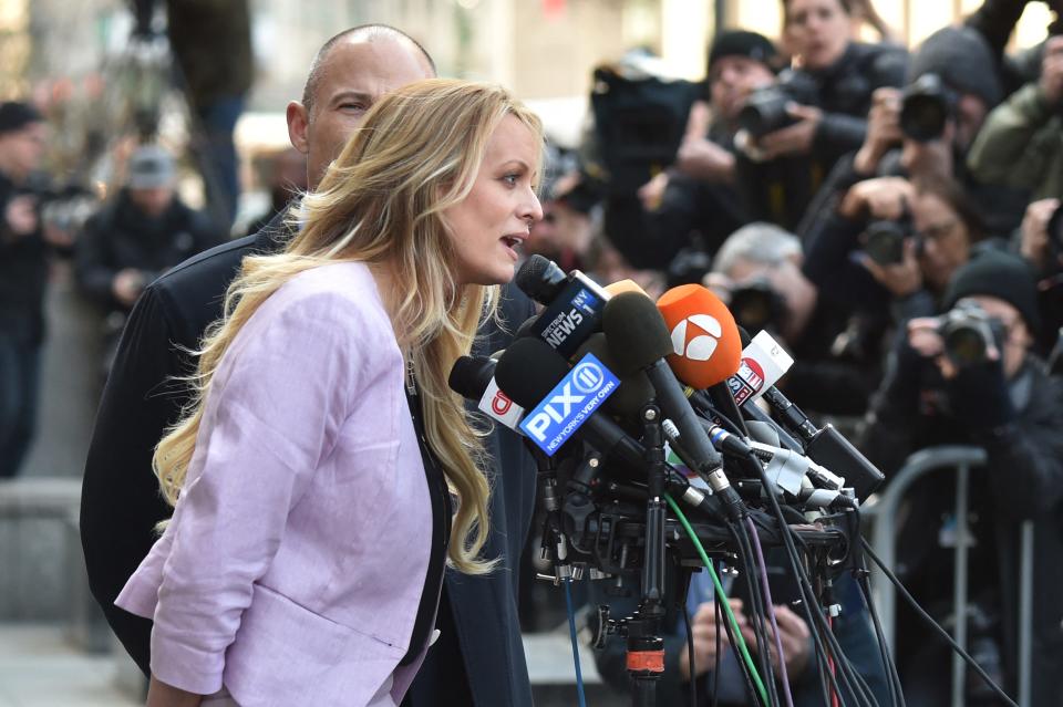 Adult-film actress Stephanie Clifford, also known as Stormy Daniels speaks to the media outside US Federal Court.