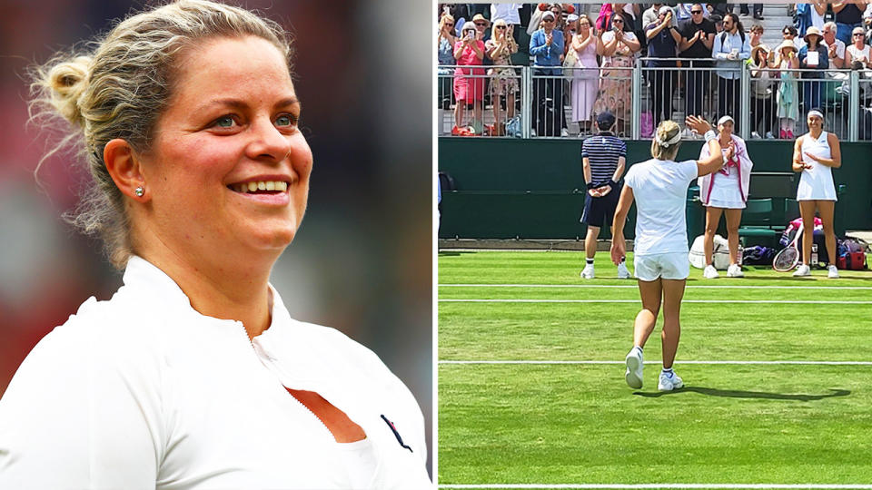 Kim Clijsters smiling on the court and Kirsten Flipkens waving goodbye to the crowd.