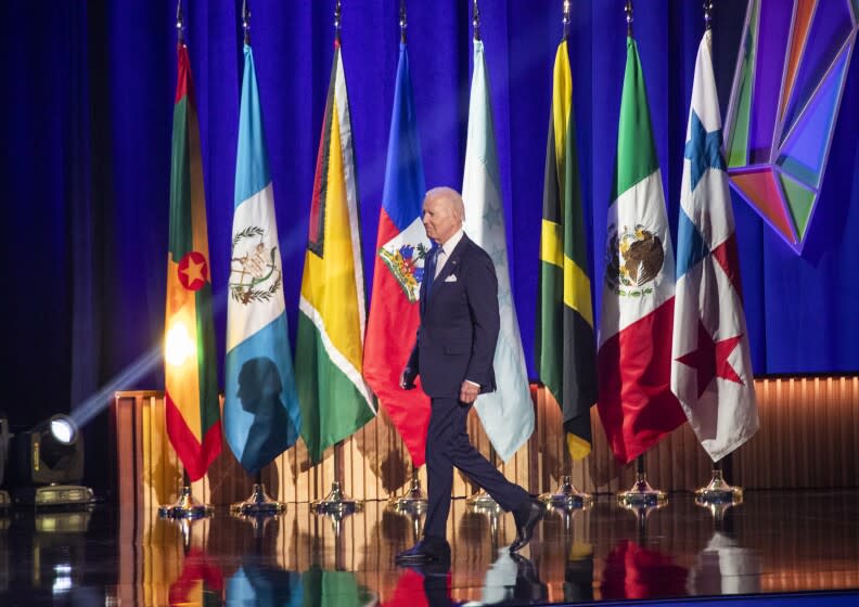 Los Angeles, CA - June 08: U.S.President Joe Biden takes the stage before speaking during the Inaugural Ceremony of the the Summit of the Americas at the Microsoft Theater in , Los Angeles, CA on Wednesday, June 8, 2022. (Allen J. Schaben / Los Angeles Times)