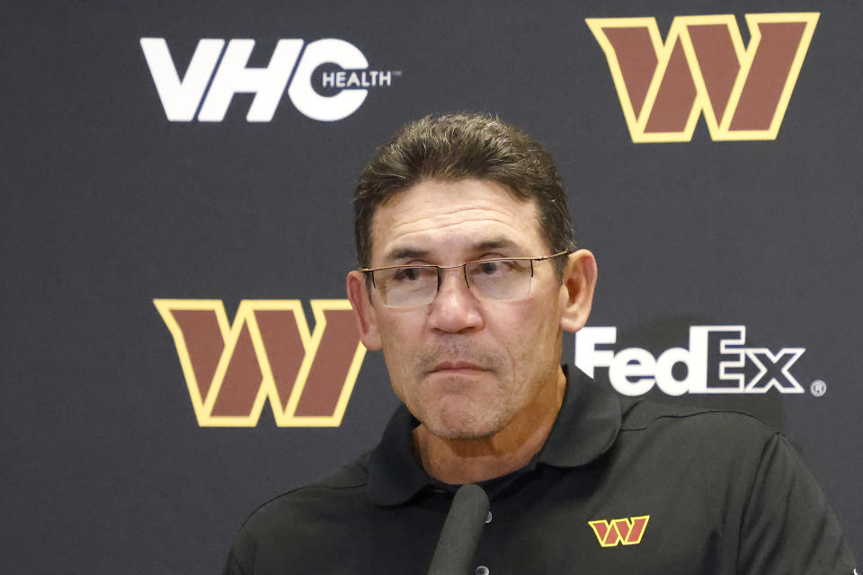 Washington Commanders head coach Ron Rivera speaks to reporters after an NFL football game against the Dallas Cowboys Thursday, Nov. 23, 2023, in Arlington, Texas. (AP Photo/Michael Ainsworth)