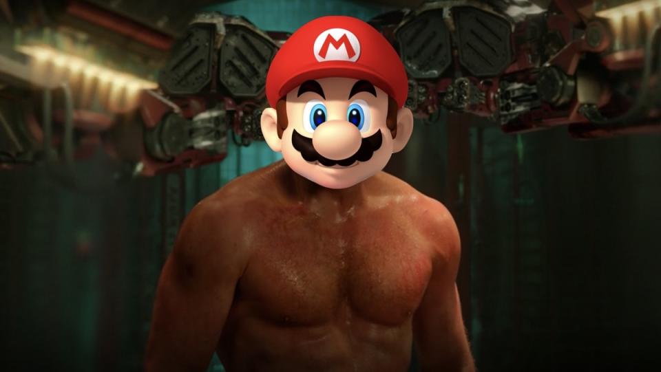 Super Mario's cartoon head on Chris Pratt's naked body