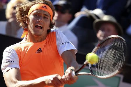 Tennis - WTA - Rome Open - Men's Singles Final - Novak Djokovic of Serbia v Alexander Zverev of Germany - Rome, Italy- 21/5/17- Zverev returns the ball. REUTERS/Alessandro Bianchi