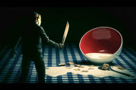 Jason Voorhees murders a bowl of cereal with his iconic machete.