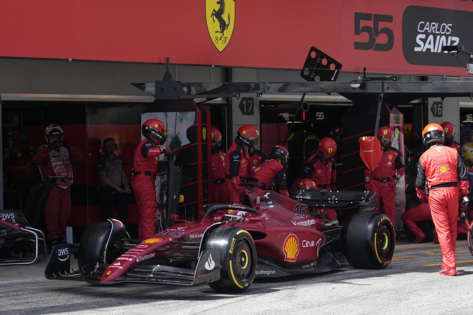 Ferrari driver Charles Leclerc of Monaco leaves pits after getting a pit service during the Spanish Formula One Grand Prix at the Barcelona Catalunya racetrack in Montmelo, Spain, Sunday, May 22, 2022. (AP Photo/Pool/Manu Fernandez)