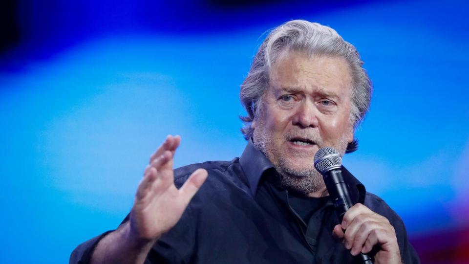 PHOTO: Steve Bannon, former adviser to Donald Trump, speaks at the Turning Point Action conference in West Palm Beach, Fla., July 16, 2023. (Eva Marie Uzcategui/Bloomberg via Getty Images, FILE)