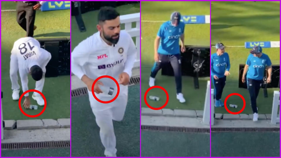 Virat Kohli picks a bottle during his way to the pavilion. Photo- Twitter