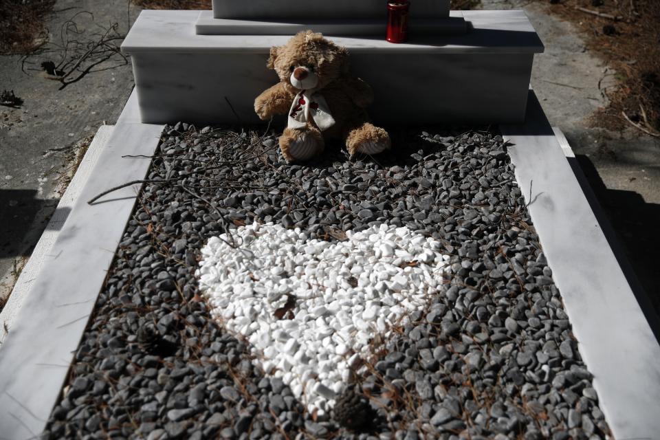 A cuddly toy is placed on the grave of a five-year boy from Afghanistan, at Iraion village, on the eastern Aegean island of Samos, Greece, Monday, Feb. 22, 2021.On a hill above a small island village, the sparkling blue of the Aegean just visible through the pine trees, lies a boy’s grave. His first ever boat ride was to be his last - the sea claimed him before his sixth birthday. His 25-year-old father, like so many before him, had hoped for a better life in Europe, far from the violence of his native Afghanistan. But his dreams were dashed on the rocks of Samos, a picturesque Greek island almost touching the Turkish coast. Still devastated from losing his only child, the father has now found himself charged with a felony count of child endangerment. (AP Photo/Thanassis Stavrakis)