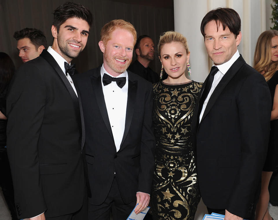 Justin Mikita, Jesse Ferguson, Anna Paquin and Stephen Moyer attend the 2012 Elton John AIDS Foundation Academy Awards Party in Los Angeles, CA.