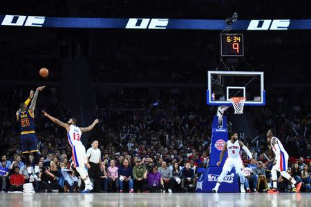 Apr 22, 2016; Auburn Hills, MI, USA; Cleveland Cavaliers forward LeBron James (23) shoots as Detroit Pistons forward Marcus Morris (13) defends during the fourth quarter in game three of the first round of the NBA Playoffs at The Palace of Auburn Hills. Mandatory Credit: Tim Fuller-USA TODAY Sports