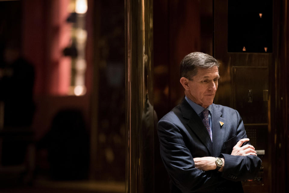 NEW YORK, NY - DECEMBER 12: Retired Lt. Gen. Michael Flynn, President-elect Donald Trump's choice for National Security Advisor, waits for an elevator in the lobby at Trump Tower, December 12, 2016 in New York City. President-elect Donald Trump and his transition team are in the process of filling cabinet and other high level positions for the new administration. (Photo by Drew Angerer/Getty Images)