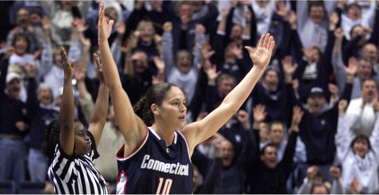 Sue Bird in March 2001 after hitting a 3-pointer to lift UConn past Notre Dame and to a Big East Tournament championship. (Hartford Courant/Tribune News Service via Getty Images)