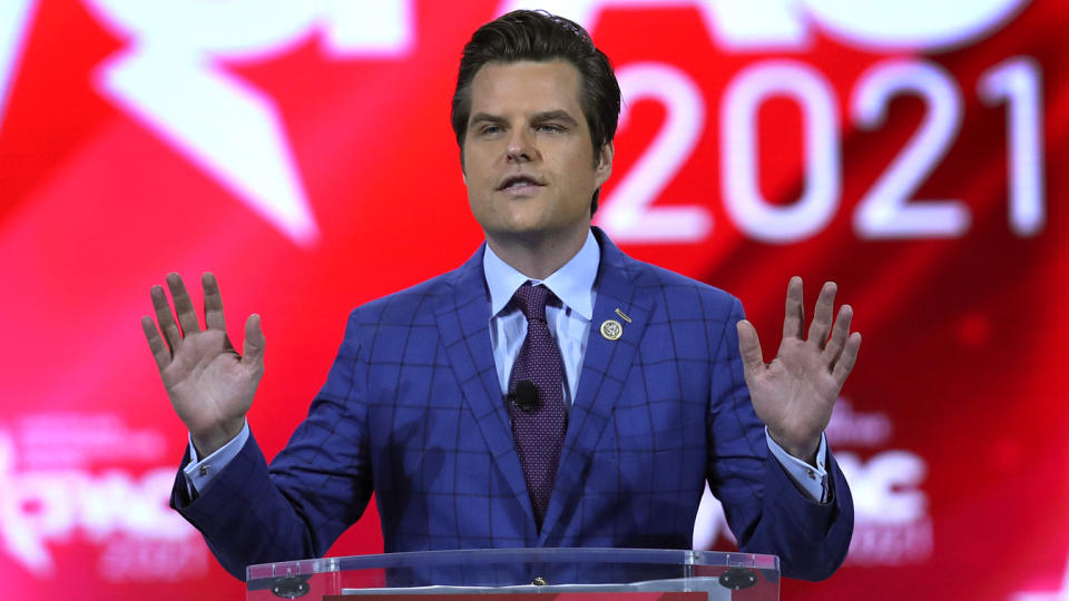 Rep. Matt Gaetz (R-FL) addresses the Conservative Political Action Conference being held in the Hyatt Regency on February 26, 2021 in Orlando, Florida. (Joe Raedle/Getty Images)