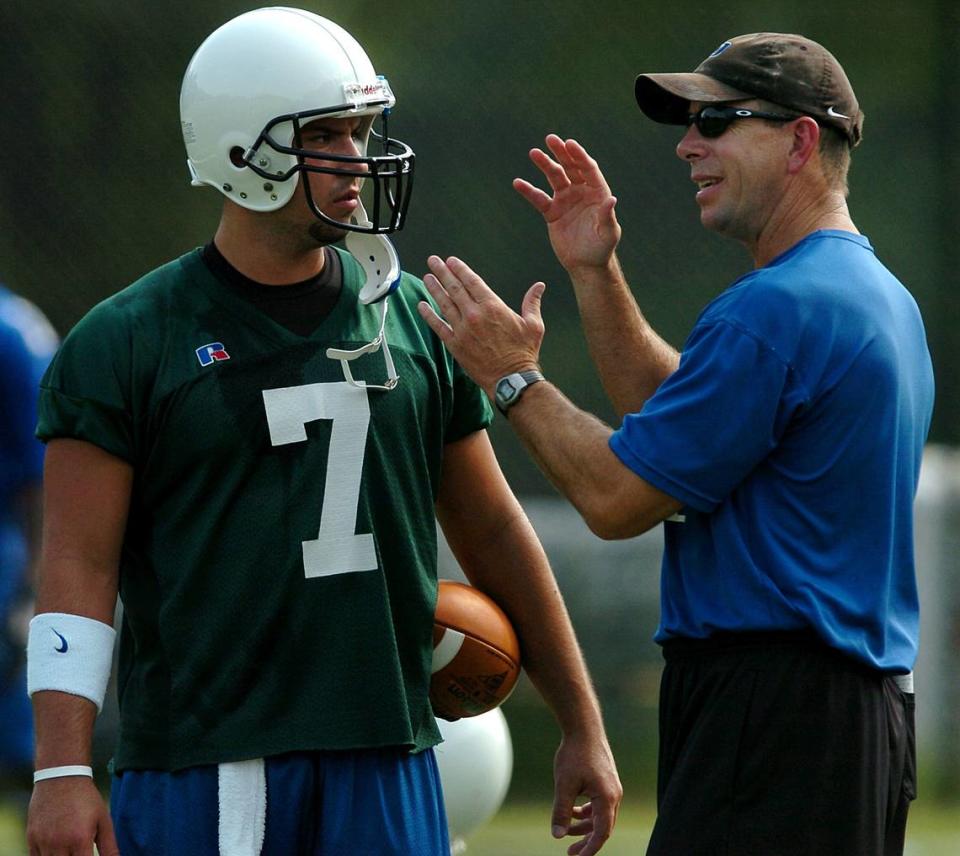 08/10/04 (R-L) Duke Blue Devils quarterbacks coach Tom Knotts stresses a point to quarterback (7) Mike Schneider during practice Tuesday. JEFF SINER/STAFF